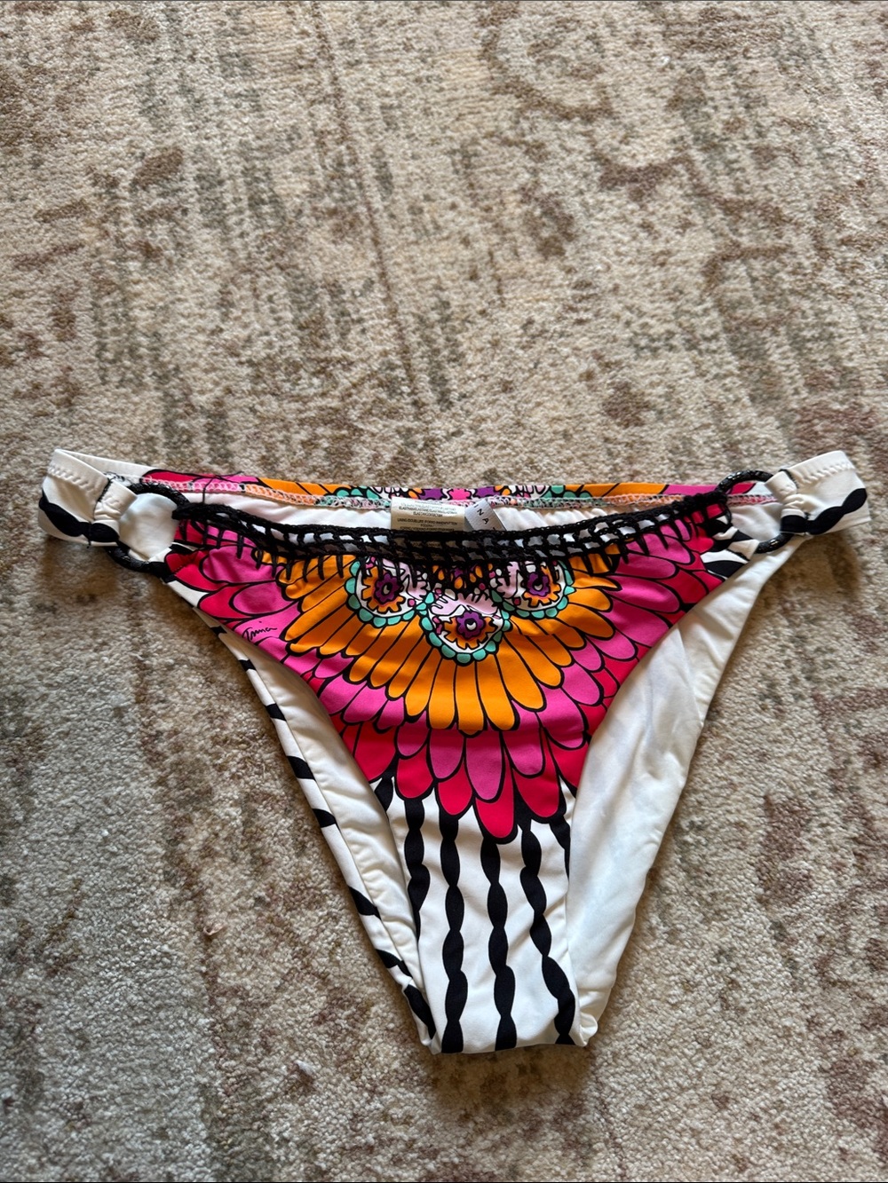 Trina Turk Multicolor Floral Bikini Bottom with Black Crochet Trim